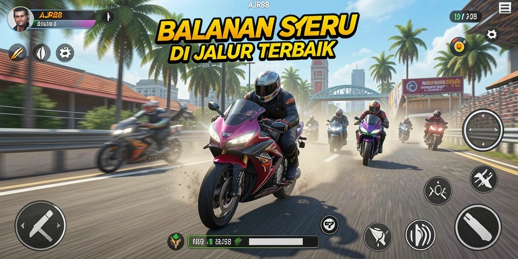 Screenshot menunjukkan aksi balapan motor yang mendebarkan dan grafis menawan.