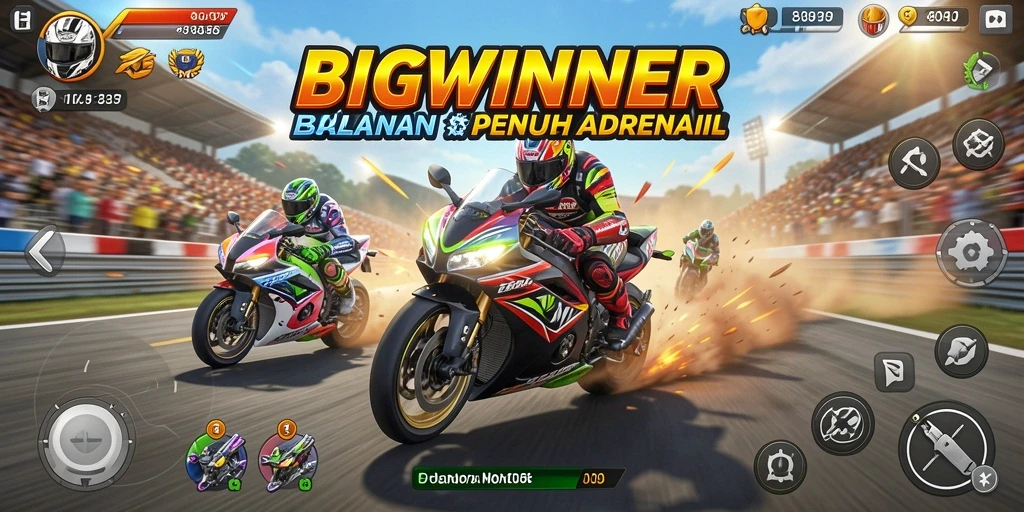 Tampilan gameplay mendebarkan di BIGWINNER dengan motor balap yang siap beraksi.