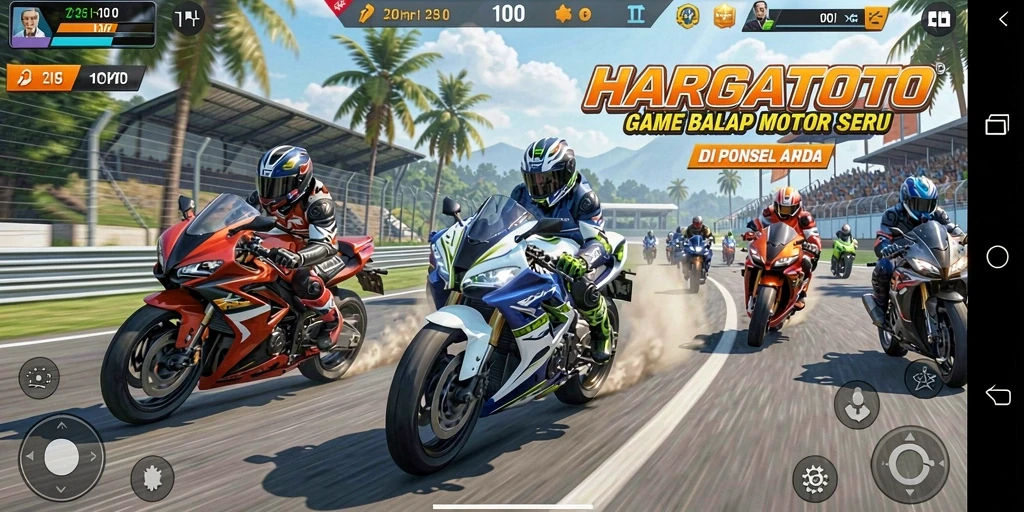Tampilan gameplay seru dari HARGATOTO saat balapan motor di trek yang menantang.