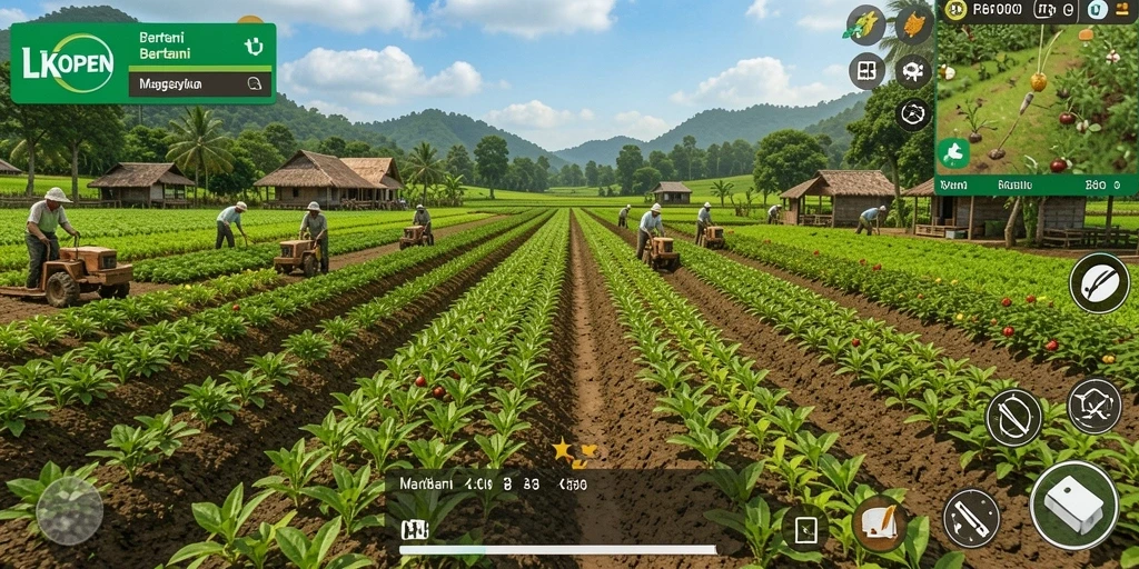 Tampilan gameplay LKOPEN yang menggambarkan suasana bertani yang seru.
