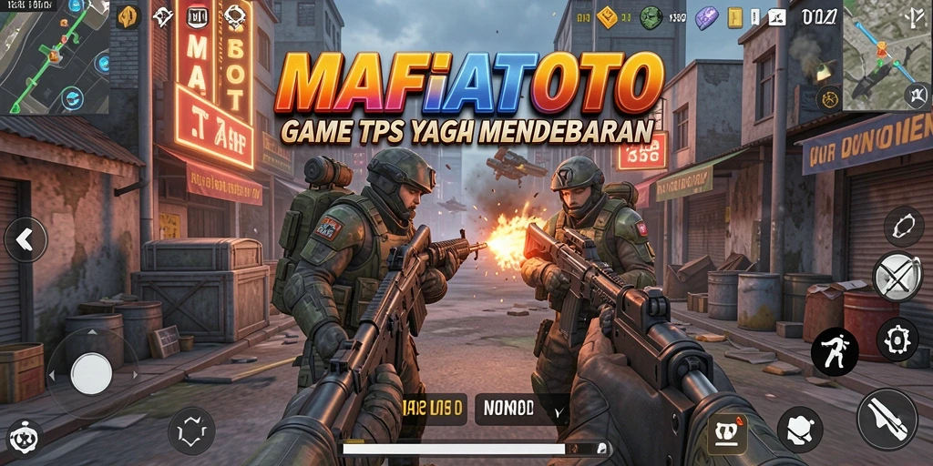 Screenshot MAFIATOTO menunjukkan karakter yang sedang bertempur di peta yang megah.