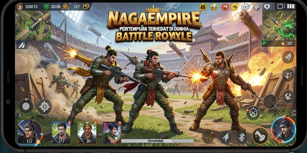 Tampilan pertarungan epik di dunia <strong>NAGAEMPIRE</strong> dalam mode Battle Royale.