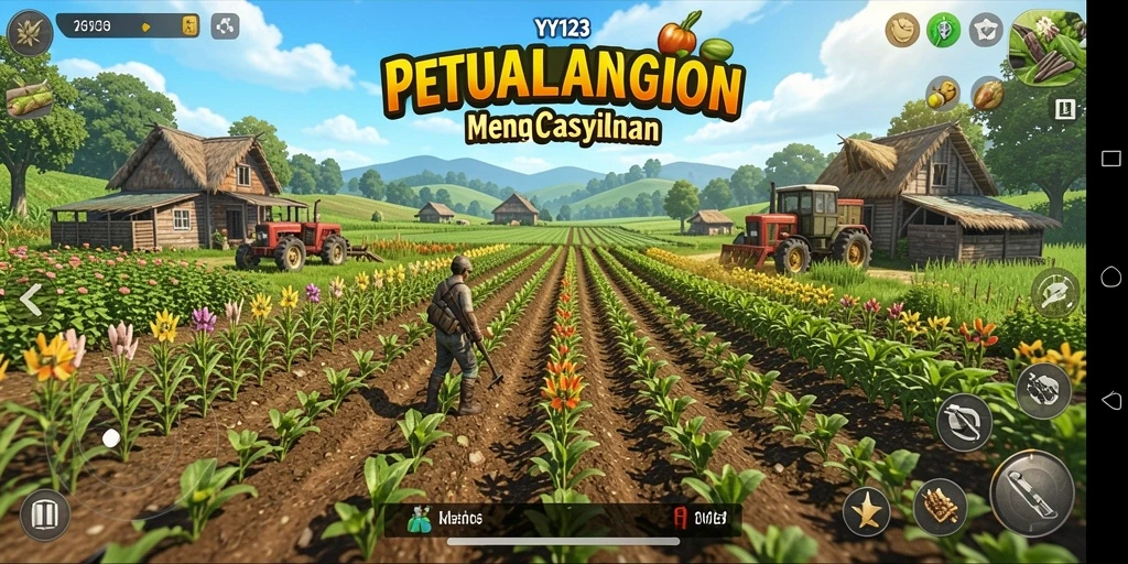 Tampilan gameplay YY123 yang menggambarkan aktivitas bertani.